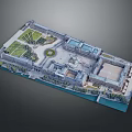Architectural Model of Symmetrical Courtyard With Lawn Central Circular Area Buildings And Water Body