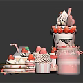 Assorted Pink Sweet Desserts With Strawberry Cake Ice Cream And Candy Decorations