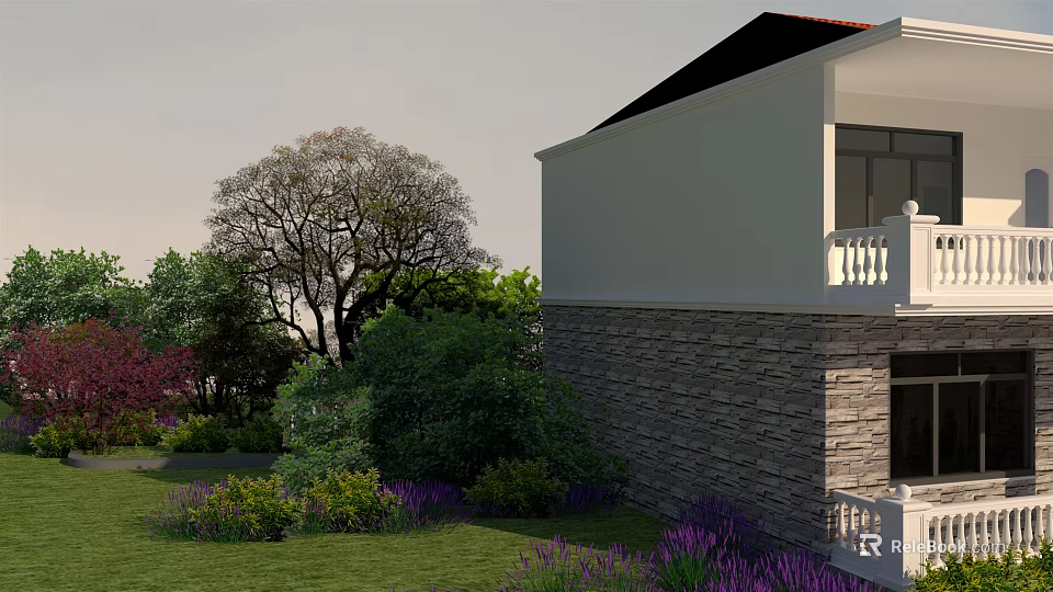 Beautiful Detached Villa With White Upper Floor Stone Wall Green Lawn And Purple Flowers 3d model 