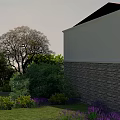 Beautiful Detached Villa With White Upper Floor Stone Wall Green Lawn And Purple Flowers