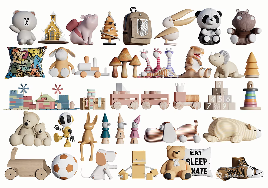 Cute Stuffed Animal Toys Collection With Building Blocks And Plush Figures For Kids Room 3d model 