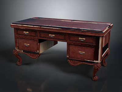 Classic Traditional Wooden Desk With Carved Legs And Multiple Drawers 3d model