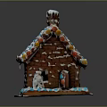 Gingerbread House with Frosting Decorated Roof Colorful Candies and Small Figurine on White Base