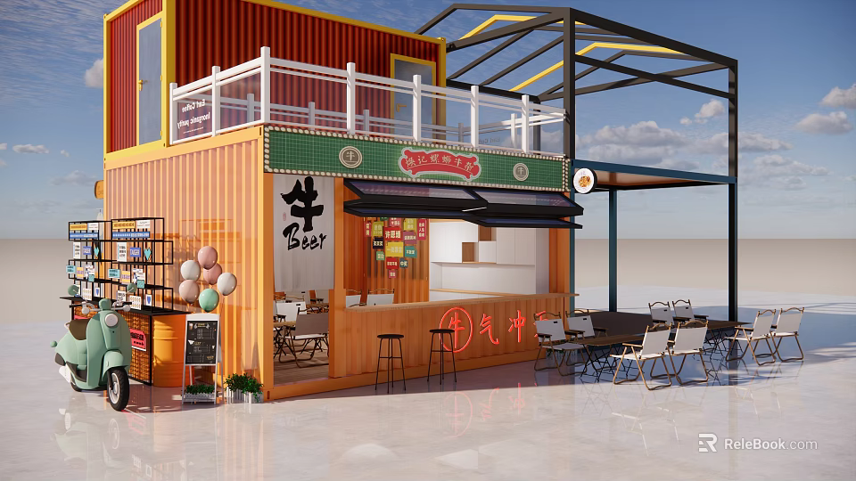 Industrial Equipment Based Container Shop Structure With Metal Frame And Outdoor Seating Area 3d model 
