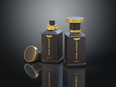 Park Avenue Perfume Bottles With Black Design And Gold Caps On Dark Reflective Surface 3d model