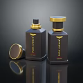 Park Avenue Perfume Bottles With Black Design And Gold Caps On Dark Reflective Surface