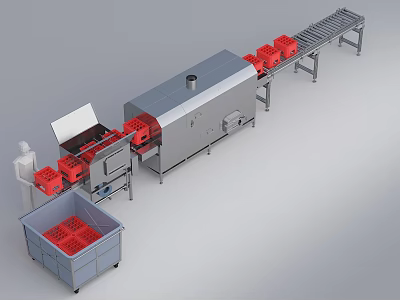 Industrial Production Line Equipment With Conveyor Belt Red Containers And Metal Unit 3d model