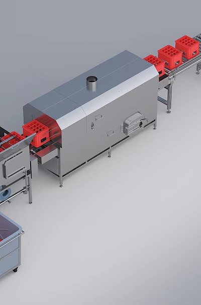 Industrial Production Line Equipment With Conveyor Belt Red Containers And Metal Unit 3d model