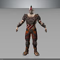 Detailed Fierce Warrior Character With Spiked Helmet Spiked Armor And Red Orange Striped Outfit