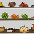 Assorted Fresh Fruits Including Watermelon Oranges Pears and Lemons in Bowls on Wooden Shelves