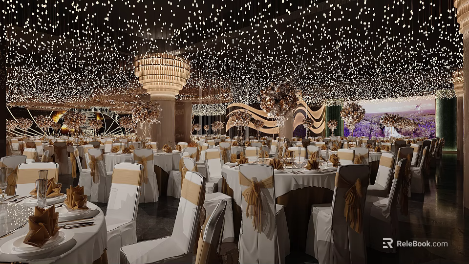 Banquet Hall With Starry Ceiling Lights Grand Chandelier Elegant Dining Tables And Decorated Chairs 3d model 