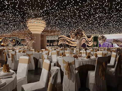 Banquet Hall With Starry Ceiling Lights Grand Chandelier Elegant Dining Tables And Decorated Chairs 3d model
