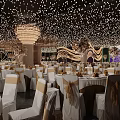Banquet Hall With Starry Ceiling Lights Grand Chandelier Elegant Dining Tables And Decorated Chairs