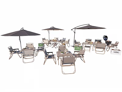 Outdoor Landscape Seating with Patio Umbrellas Tables and Grill Furniture Set 3d model