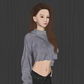 Woman In Gray Fuzzy Cropped Sweater And Black Pants Against Dark Vertical Striped Wall