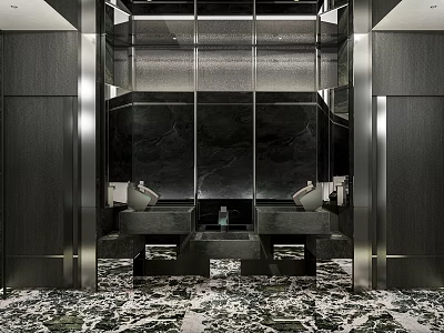 Modern Luxury Public Restroom Interior Design With Double Washbasins Marble Counter And Mirrored Walls 3d model