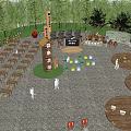 Outdoor Square With Tables Chairs Green Trees Wooden Signage And People