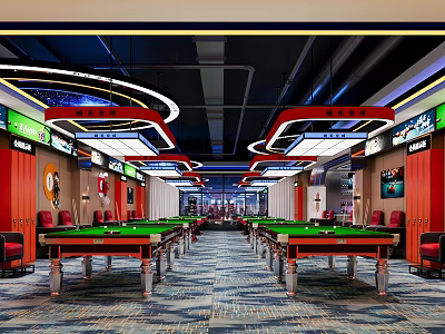 Modern Billiard Room With Green Felt Tables Red Chairs And Stylish Lighting 3d model