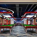 Modern Billiard Room With Green Felt Tables Red Chairs And Stylish Lighting