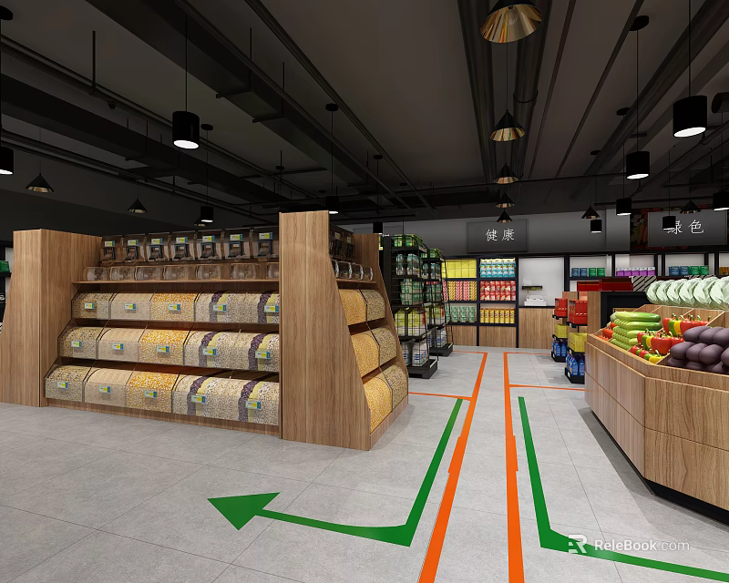 Modern Supermarket Grocery Store Interior with Organized Shelves Aisles Directional Arrows and Fresh Produce 3d model 