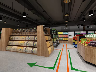 Modern Supermarket Grocery Store Interior with Organized Shelves Aisles Directional Arrows and Fresh Produce 3d model