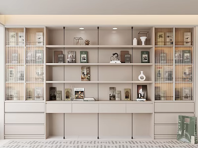 Modern Light Colored Bookcase With Open Shelves Drawers Decorative Items And Books 3d model