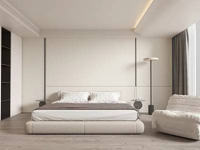 Modern Minimalist Bedroom Interior Design With Large Bed Nightstands Floor Lamp Armchair And Curtains 3d model
