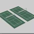 Two Indoor Badminton Courts With Green Surface White Lines And Net Posts 3d model