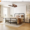 Cozy Bedroom Interior With Black Metal Bed Frame Pillows Blanket Floral Wallpaper And Ceiling Fan