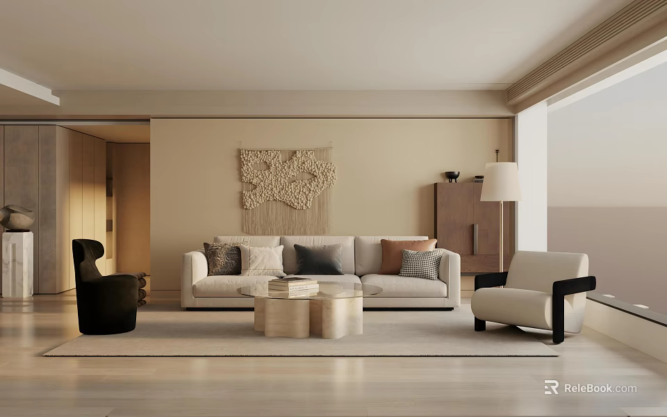 Modern Minimalist Living Room Interior With Woven Wall Art Beige Sofa And Accent Chairs 3d model 
