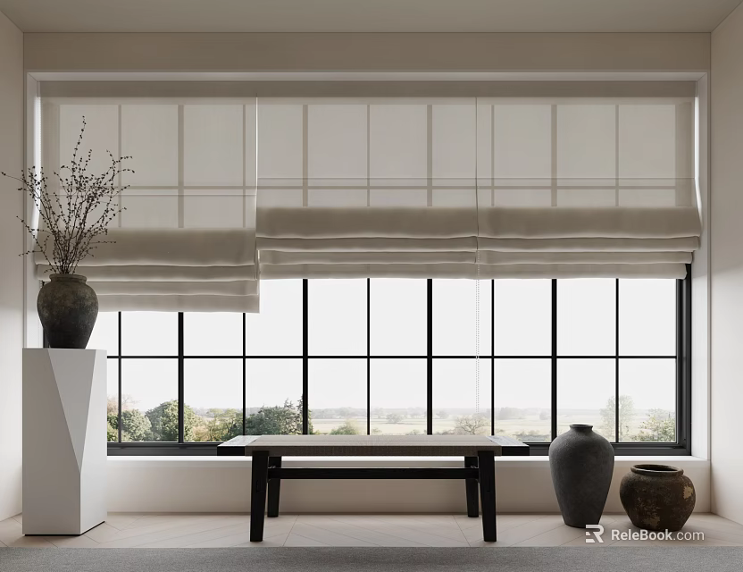 Roman Blinds Decorate Large Window In Minimalist Interior 3d model 