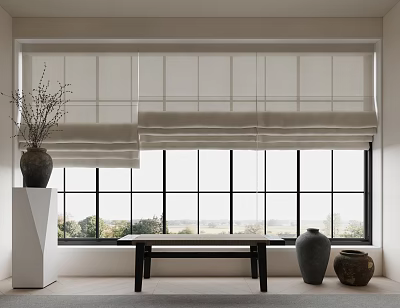 Roman Blinds Decorate Large Window In Minimalist Interior 3d model