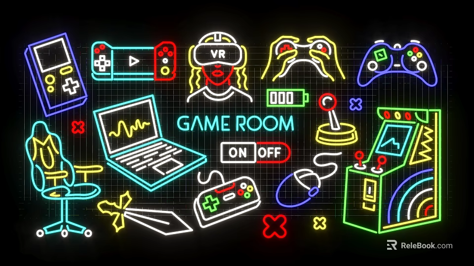 Neon Decorative Lights for Game Room with VR Headset Game Controllers and Arcade Elements 3d model