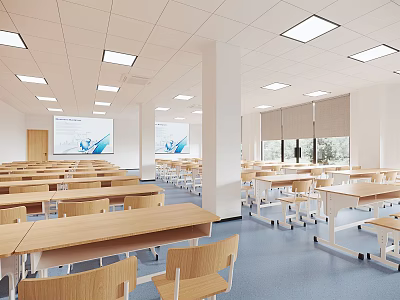School Spacious Classroom Interior With Wooden Desks Chairs Projector Screen And Windows 3d model