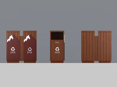 Public Recycling Trash Bins With Wooden Brown Design And Recycling Symbols 3d model