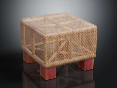 Woven Square Stool With Wooden Legs And Geometric Pattern Design 3d model