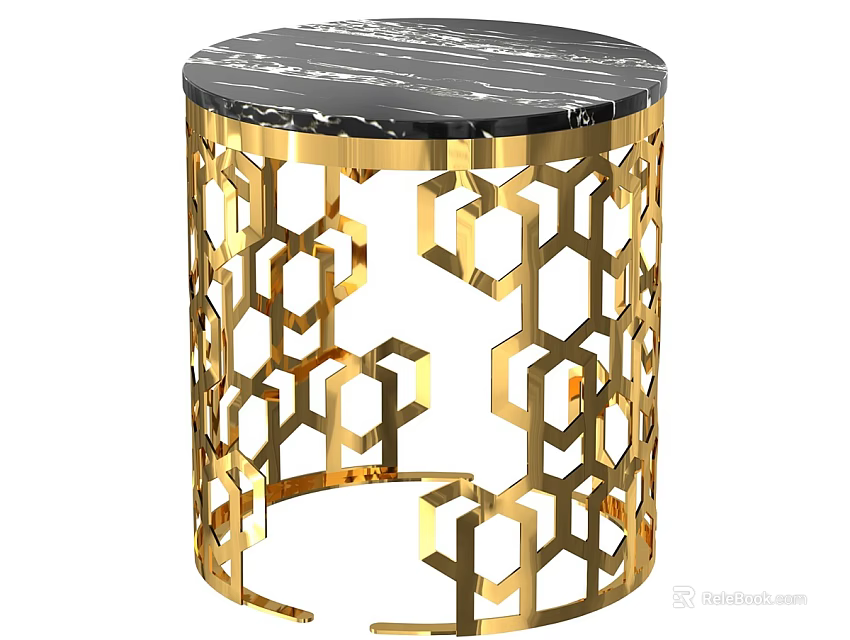 Round Coffee Table With Black Marble Top And Gold Hexagon Cutout Base Design 3d model 