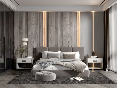 Modern Bedroom Interior Design With Wooden Wall Grey Headboard Bedside Tables Ottoman And Rug 3d model