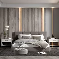Modern Bedroom Interior Design With Wooden Wall Grey Headboard Bedside Tables Ottoman And Rug