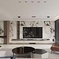 Modern Living and Dining Room Interior With Sofa Colored Pillows Striped Wall And Decorative Sculpture