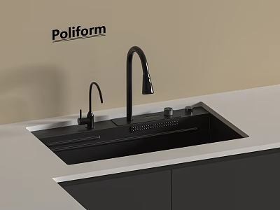 Black Undermount Kitchen Sink With High Arc Faucet And Light Countertop Design 3d model