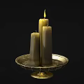 Elegant Candle Lamp With Three White Candles On Golden Pedestal Tray Featuring Lit Flame