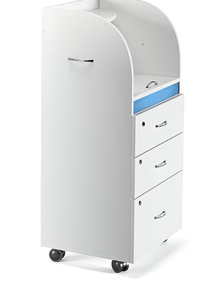 White Filing Cabinet With Multiple Drawers Blue Drawer And Silver Handles 3d model