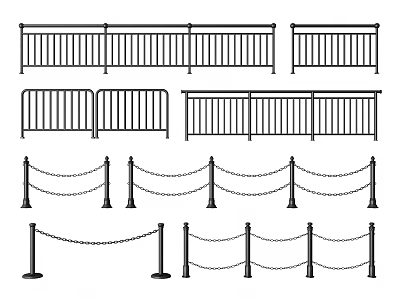 Different Types of Fence Designs Including Metal Railings and Chain Barriers 3d model