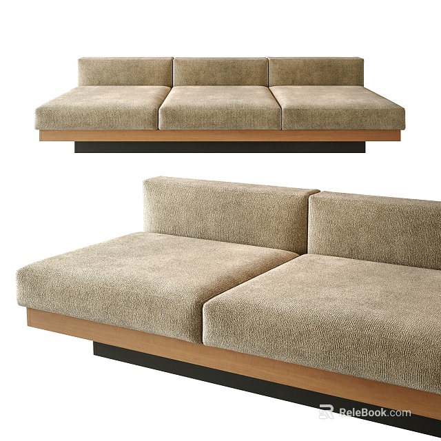 Three Seater Sofa In Modern Minimalist Design With Beige Upholstered Fabric And Wooden Base 3d model 