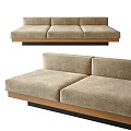 Three Seater Sofa In Modern Minimalist Design With Beige Upholstered Fabric And Wooden Base