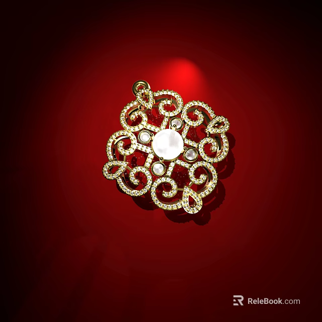Exquisite Golden Filigree Jewelry with Central White Gemstone and Small Crystals on Red Background 3d model 