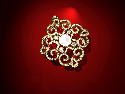 Exquisite Golden Filigree Jewelry with Central White Gemstone and Small Crystals on Red Background 3d model