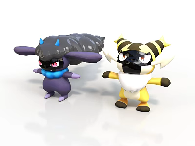 3D Purple And Yellow White Cartoon Characters With Horns And Striped Design 3d model