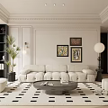 Modern Living Dining Room With White Sofa Black Geometric Rug Decorative Paintings And Green Plant